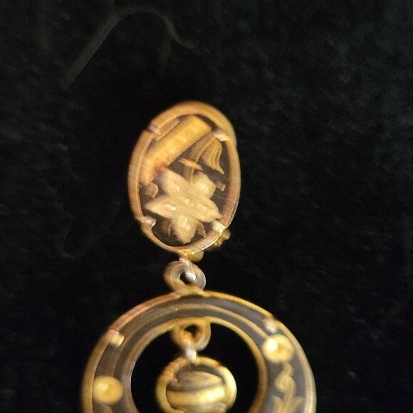 Spanish Damascene Dangle Circle Black Gold Inlaid Earrings Flowers Feathers - Picture 4 of 7